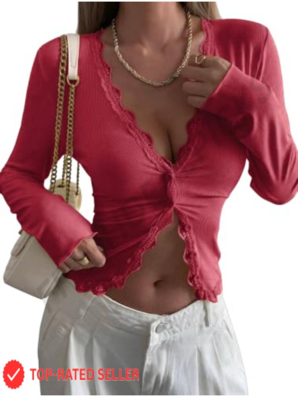 Lace Trim Ribbed Knit Cardigan Long Sleeve V-Neck Button Slim Fit Top